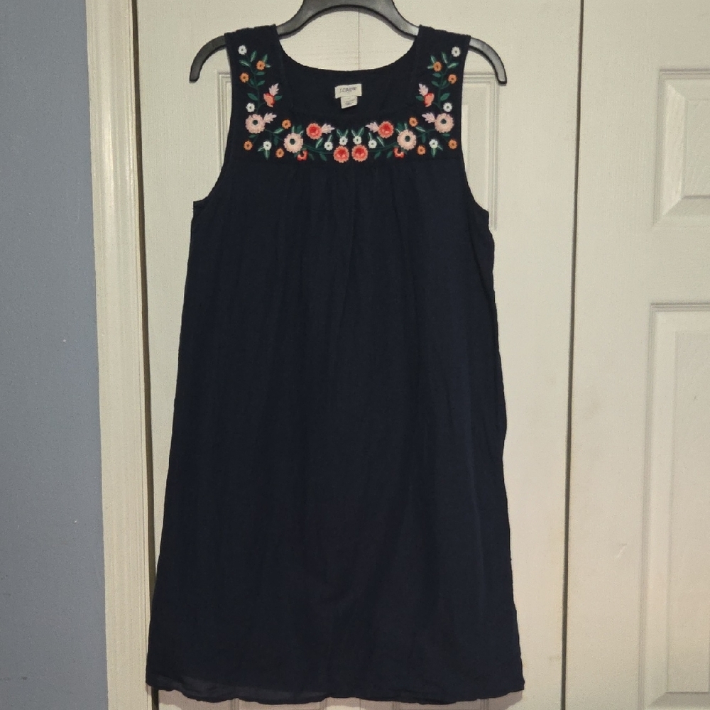 J. Crew Dark Blue Linen Blend Lined  Dress with Floral Detail